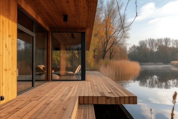 Photorealistic wooden house with timber structure Photorealistic wooden house with timber structure